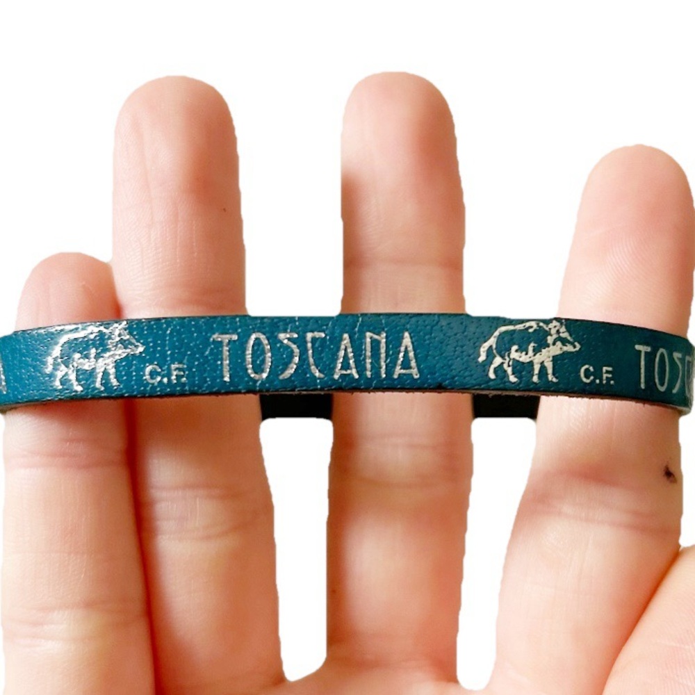 Toscana Tuscany Italy Teal Leather Bracelet Silver Blue Green Fabric Strap Clasp